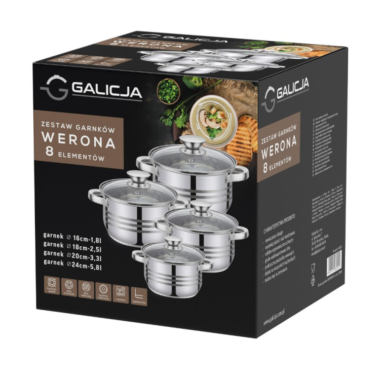 Zestaw garnków WERONA 8 elementowy 1,8L 2,5L 3,3L 5,8L